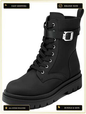 Combat Platform Boots With Side Zipper Chunky Sole Splash Resistant